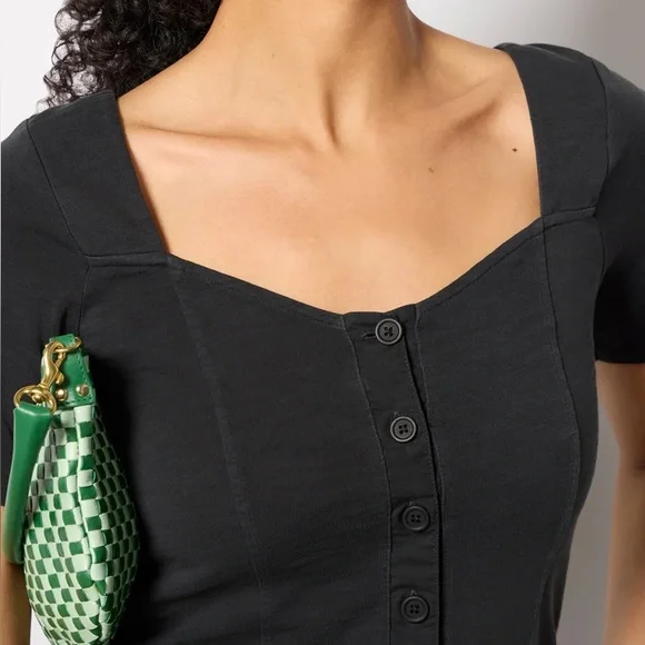 Nation LTD Marcella Button Front Sweetheart Neckline Short Sleeve Top in Black - Picture 8 of 13